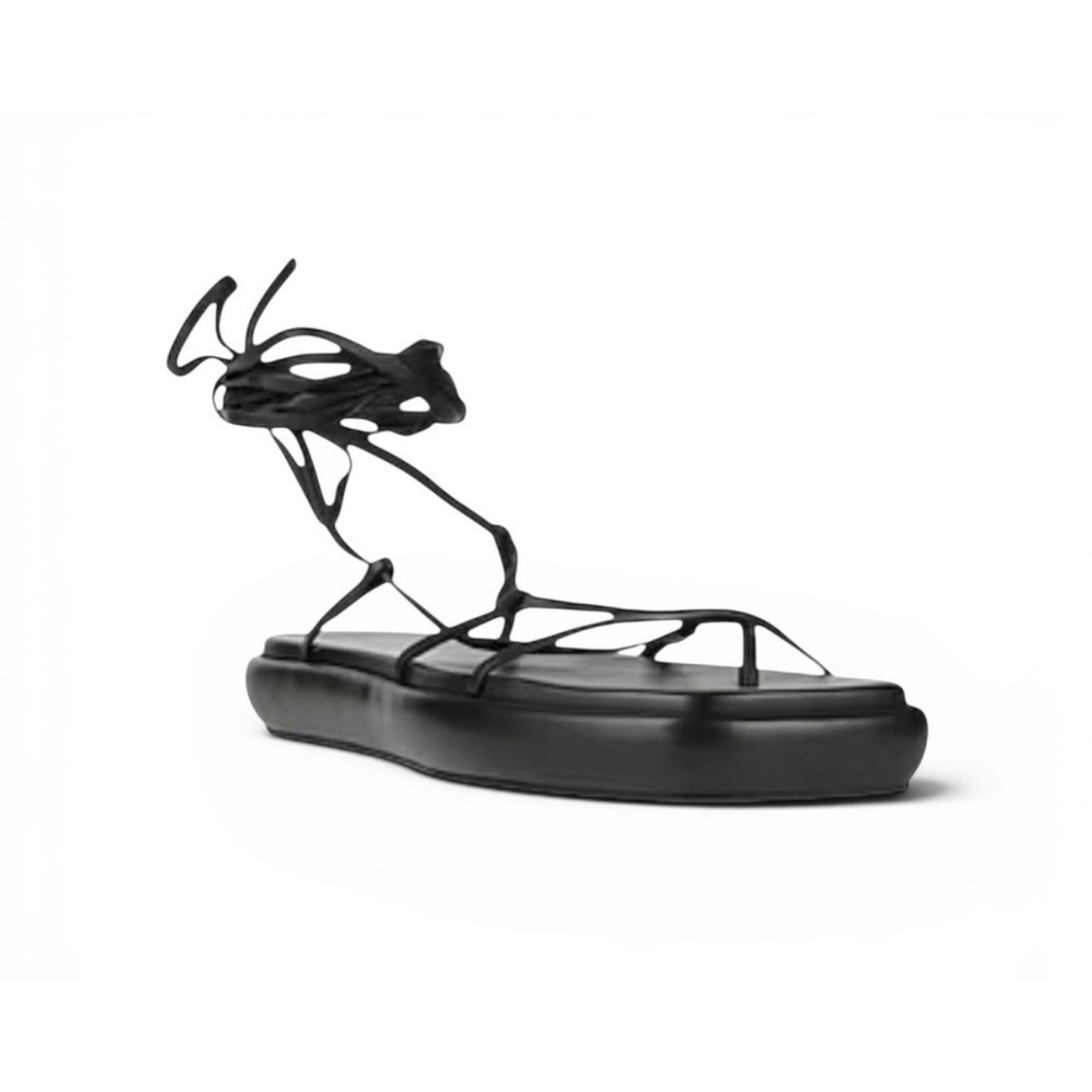 Ilio Smeraldo Sandals Womens 37 Black Leather Lace Up Gladiator Square Toe Italy